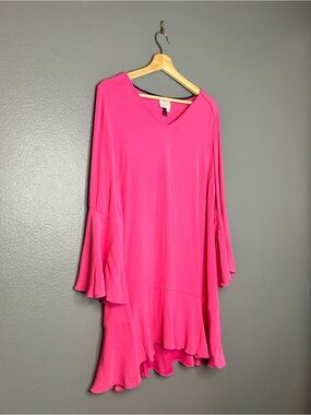 Anthropologie HD in Paris Hot Pink V-Neck Bell Sleeve Tunic Dress 12